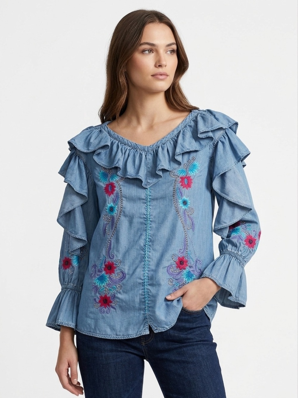 Vintage Collection Floral Embroidered Chambray Top Ruffle Bell Sleeve S